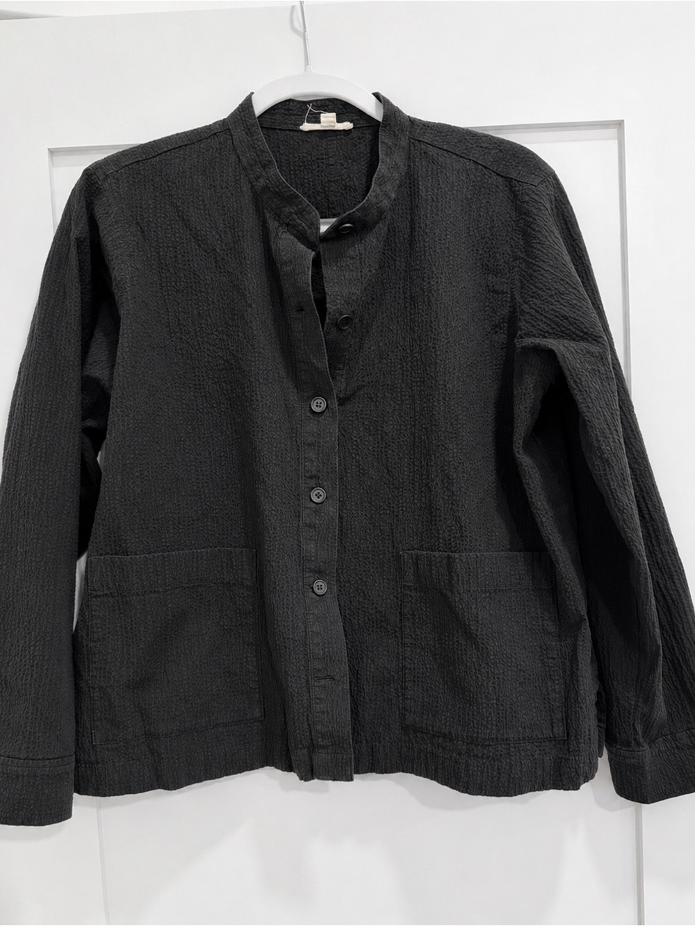 Eileen Fisher Black Textured Button Front Jacket Stand Collar Minimalist